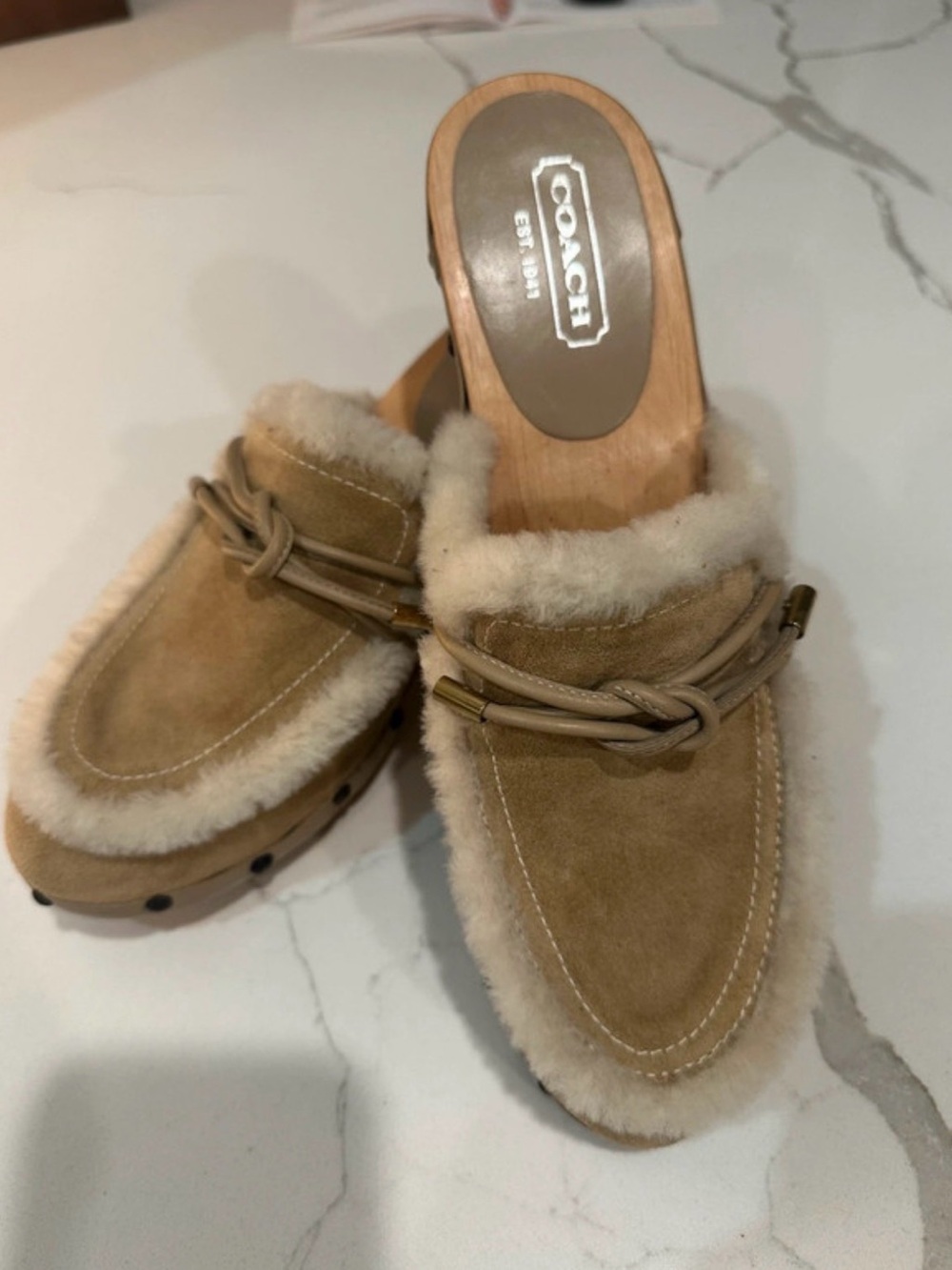 Coach Tan Suede Shearling Clog Mules with Leather Lacing